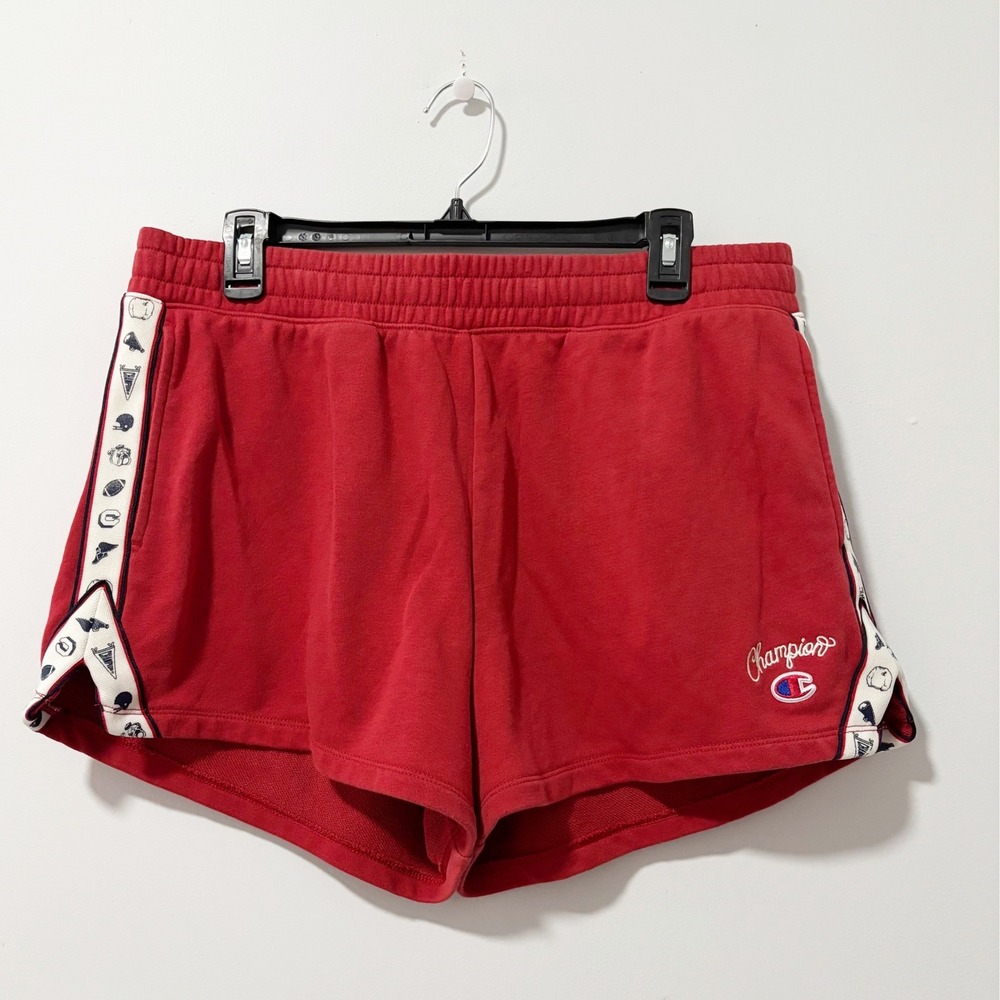 Champion Sweat Shorts Women XL Red Sports Graphic Side Tape Logo Athleisure